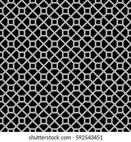 Repeated color polygons on grey background. Symmetric geometric figures wallpaper. Seamless surface pattern design with pentagons and squares. Tiles motif. Digital paper for textile print. Vector art