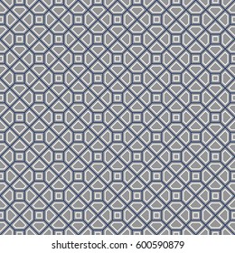 Repeated color polygons on navy background. Symmetric geometric figures wallpaper. Seamless surface pattern design with pentagons and squares. Tiles motif. Digital paper for textile print. Vector art