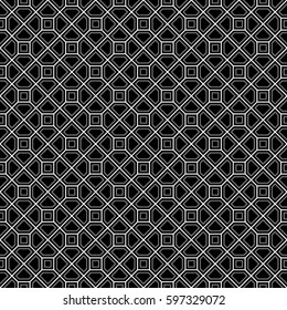 Repeated color polygons on white background. Symmetric geometric figures wallpaper. Seamless surface pattern design with pentagons and squares. Tiles motif. Digital paper for textile print. Vector art