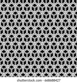 Repeated color polygons tessellation on white background. Seamless surface pattern design with regular hexagons. 
