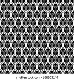 Repeated color polygons tessellation on white background. Seamless surface pattern design with regular hexagons. Hexagonal grid motif. Honeycomb wallpaper. Digital paper for web designing. Vector art.