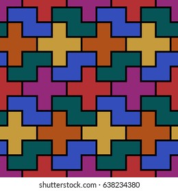 Repeated color puzzle on black background. Seamless surface pattern design with logic mosaic ornament. Tetris motif. Grid wallpaper. Digital paper for page fills, web designing, textile print. Vector.