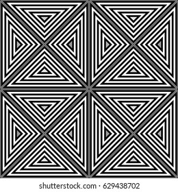 Repeated color triangles on black background. Triangular blocks wallpaper. Seamless surface pattern design with polygons. Mosaic motif. Digital paper for page fills, web designing. Vector illustration