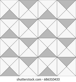 Repeated color triangles on black background. Triangular blocks wallpaper. Seamless surface pattern design with tiles. Mosaic motif. Digital paper with polygons for page fills, web designing. Vector.