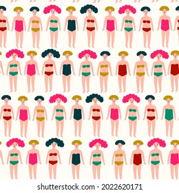 Repeated colorful background with figures of young girls in swimsuits. Cute vector illustration in hand drawn style. Swimming collection. Seamless pattern.