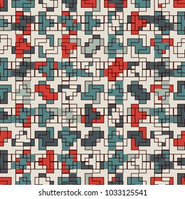Repeated creative puzzle mosaic abstract background. Seamless pattern design with geometric ornament. Pixel art surface texture. Contemporary camouflage wallpaper. Digital paper with overlay figure