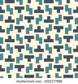 Repeated creative puzzle mosaic abstract background. Seamless surface pattern design with simple geometric ornament. Modern style surface texture. Digital paper, textile print, page fill.