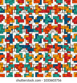 Repeated creative puzzle mosaic abstract background. Seamless pattern design with geometric ornament. Pixel art surface texture. Contemporary camouflage wallpaper. Digital paper with overlay figure