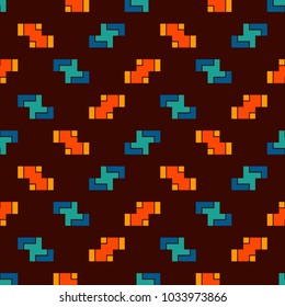 Repeated creative puzzle mosaic abstract background. Seamless pattern design with geometric ornament. Pixel art surface texture. Contemporary camouflage wallpaper. Digital paper with overlay figure