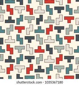 Repeated creative puzzle mosaic abstract background. Seamless surface pattern design with simple geometric ornament. Modern style surface texture. Digital paper, textile print, page fill.