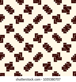 Repeated creative puzzle mosaic abstract background. Seamless pattern design with geometric ornament. Pixel art surface texture. Contemporary camouflage wallpaper. Digital paper with overlay figure