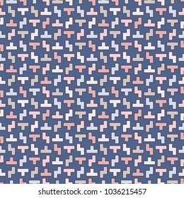 Repeated creative puzzle mosaic abstract background. Seamless surface pattern design with simple geometric ornament. Modern style surface texture. Digital paper, textile print, page fill.