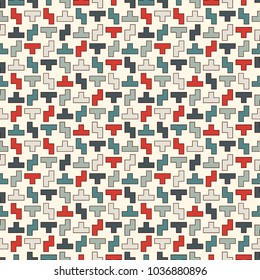 Repeated creative puzzle mosaic abstract background. Seamless surface pattern design with simple geometric ornament. Modern style surface texture. Digital paper, textile print, page fill.