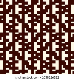 Repeated creative puzzle mosaic abstract background. Seamless pattern design with geometric ornament. Pixel art surface texture. Contemporary camouflage wallpaper. Digital paper with overlay figure