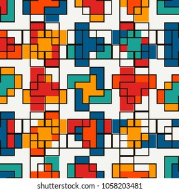 Repeated creative puzzle mosaic abstract background. Seamless pattern design with geometric ornament. Pixel art surface texture. Contemporary camouflage wallpaper. Digital paper with overlay figure