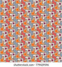 Repeated creative puzzle mosaic abstract background. Seamless surface pattern design with simple geometric ornament. Modern style surface texture. Digital paper, textile print, page fill. Vector art