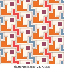 Repeated creative puzzle mosaic abstract background. Seamless surface pattern design with simple geometric ornament. Modern style surface texture. Digital paper, textile print, page fill. Vector art