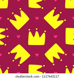 Repeated crowns and hearts. Cute seamless pattern for children. Endless girlish print. Girly vector illustration.