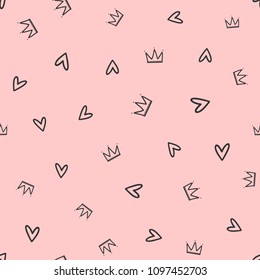 Repeated crowns and hearts drawn by hand. Cute seamless pattern for girls. Sketch, doodle, scribble. Endless girlish print. Girly vector illustration.