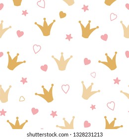 Repeated crowns and hearts drawn by hand. Cute seamless pattern for girls. Sketch, doodle, scribble. Endless girlish print. Girly vector illustration. Romantic girl vector seamless background.