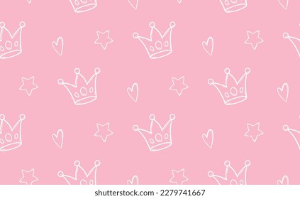 Repeated crowns and hearts and star drawn by hand. Cute seamless pattern for girls. Sketch, doodle, scribble. Endless girlish print. Girly vector illustration. Simple pattern with crowns.