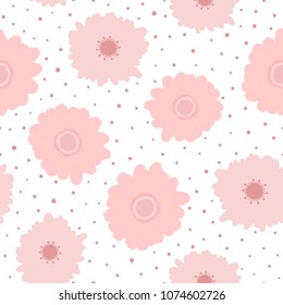 Repeated cute flowers and irregular polka dots drawn by hand. Floral seamless pattern. Sketch, watercolor, paint. Endless girly print. Vector illustration.