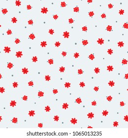 Repeated cute flowers with leaves and round dots. Floral seamless pattern. Endless print. Vector illustration.