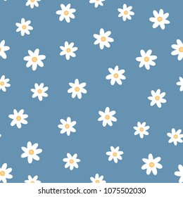 Repeated Cute Flowers. Simple Floral Seamless Pattern. Endless Feminine Print. Vector Illustration. White, Blue, Orange.