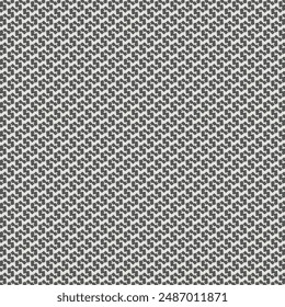 Repeated decorative design composed of diagonally aligned signs and meanders. Pattern in black on light gray. Abstract knit background.