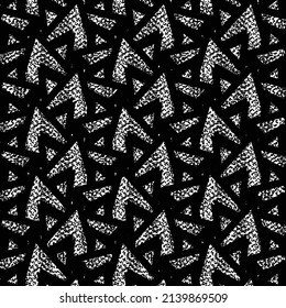 A repeated decorative design consisting of triangular pieces partially overlapping and positioned in several directions. Upholstery fabric texture. Artwork in black and white.
