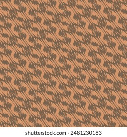 Repeated decorative design, diagonal stripes, curls and dots. Pattern in brown and reddish tones. Abstract vector seamless.