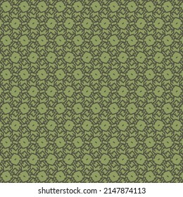 Repeated decorative design made of small shapes or geometric figures, broken lines and dots. Green wallpaper texture.