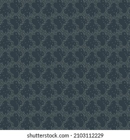 Repeated decorative design, in shades of dark blue, made of some lobed shapes sprinkled with tiny fibers. Abstract tapestry texture.