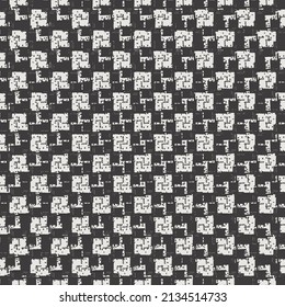 Repeated decorative design with squares, crosses, flecks and dashes. Monochrome pattern.