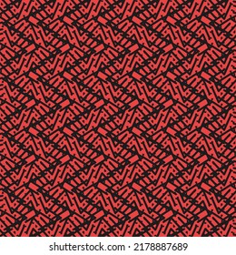 Repeated decorative design with zigzags, arrowhead marks and dots. Mottled textile pattern in black and red.