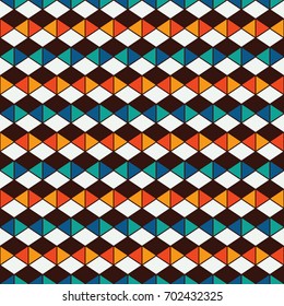 Repeated diamonds background. Geometric shapes wallpaper. Colorful seamless pattern design with polygons tessellation. Rhombuses and lozenges motif. Ethnic and tribal style bright digital paper.