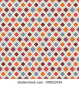 Repeated diamonds and lines background. Geometric motif. Seamless surface pattern design with bright colors rhombuses ornament. Grid digital paper, textile print, web designing. Vector art.