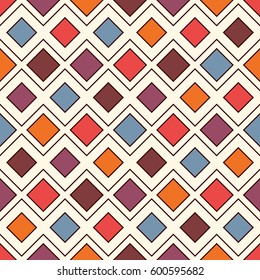 Repeated diamonds and lines background. Geometric motif. Seamless surface pattern design with bright colors rhombuses ornament. Grid digital paper, textile print, web designing. Vector art.