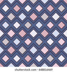Repeated diamonds and lines background. Geometric motif. Seamless surface pattern design with bright colors rhombuses ornament. Grid digital paper, textile print, web designing. Vector art.
