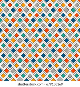 Repeated diamonds and lines background. Geometric motif. Seamless surface pattern design with bright colors rhombuses ornament. Grid digital paper, textile print, web designing. Vector art.