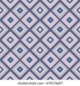 Repeated diamonds and lines background. Geometric motif. Seamless surface pattern design with bright colors rhombuses ornament. Grid digital paper, textile print, web designing. Vector art.
