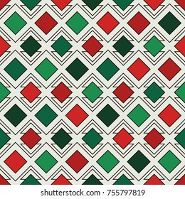 Repeated diamonds and lines background. Geometric motif. Seamless pattern in Christmas traditional colors with rhombuses ornament. Grid digital paper, textile print. Vector illustration