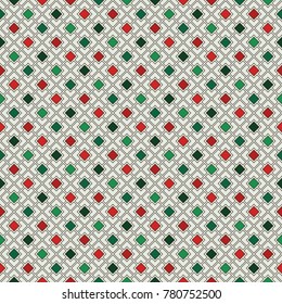 Repeated diamonds and lines background. Geometric motif. Seamless pattern in Christmas traditional colors with rhombuses ornament. Grid digital paper, textile print. Vector illustration