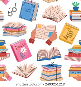 Repeated different books. Cartoon reading elements, open and closed volumes, colorful covers, textbooks stacks, vector seamless pattern.eps
