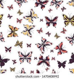 Repeated doodles. Hand drawing on a black, white and violet background. Seamless colorfil pattern. Mystical, symbols.