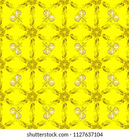 Repeated doodles. Lace pattern. Linear pattern. Sketch, scribble, doodle on yellow, brown and beige colors. Vector. Geometric pattern. Seamless ornament. Vector. Royal style. In vintage style.