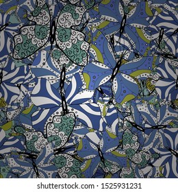 Repeated doodles. Mystical, symbols. Hand drawing on a black, blue and white background. Seamless colorfil pattern.