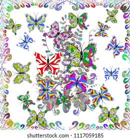 Repeated doodles. Seamless colorfil pattern. Hand drawing on a white, green and blue background. Mystical, symbols.