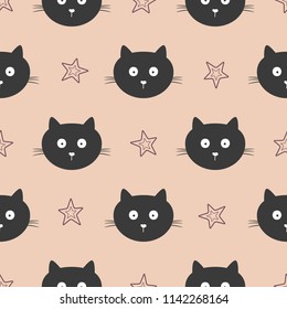 Repeated faces of funny cats and outlines of stars. Cute seamless pattern for children. Endless cartoon print. Vector illustration.