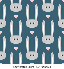 Repeated faces of sweet rabbits and hearts. Cute seamless pattern. Endless print for children. Girly vector illustration.